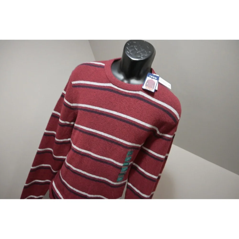 Izod Sweater Mens Large‎ Burgundy Striped Crewneck Cotton Blend Casual NWT
